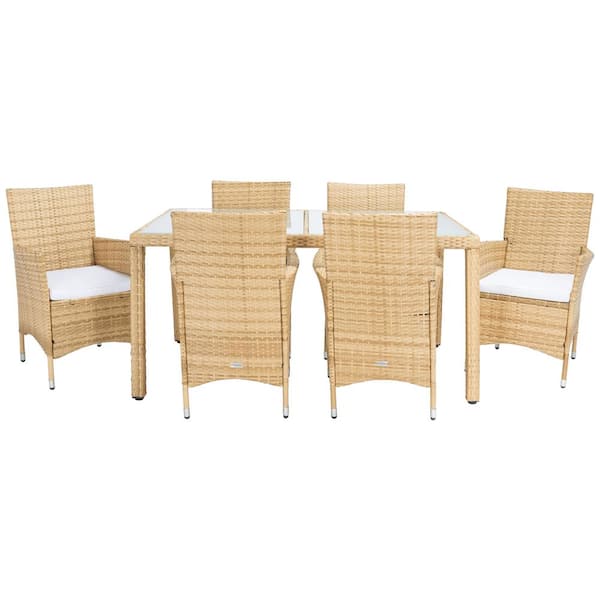 SAFAVIEH Jolin Natural 7-Piece Wicker Outdoor Patio Dining Set with White Cushions