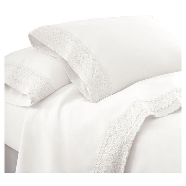 THE URBAN PORT Udine 4-Piece White Full Size Microfiber Sheet Set with Crochet Lace