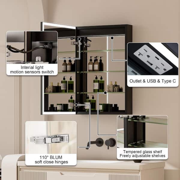 24 in. W x 30 in. H Rectangular Black Aluminum Recessed/Surface Mount LED Medicine Cabinet with Mirror,Outlet,Left-Hinge