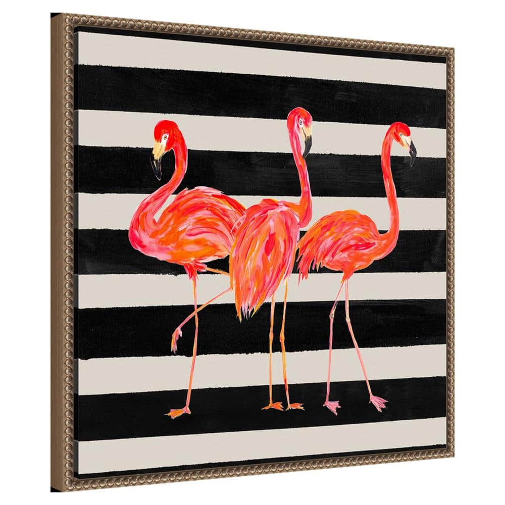 Vibrant Flamingo Trio on Black and White Striped Canvas Framed Wall Art 22 x 22