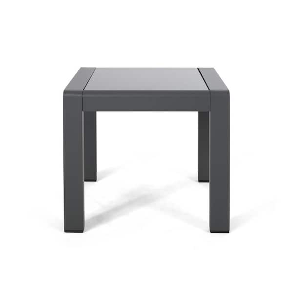 Noble House Cape Coral Grey Square Aluminum Outdoor Patio Side Table with Glass Top