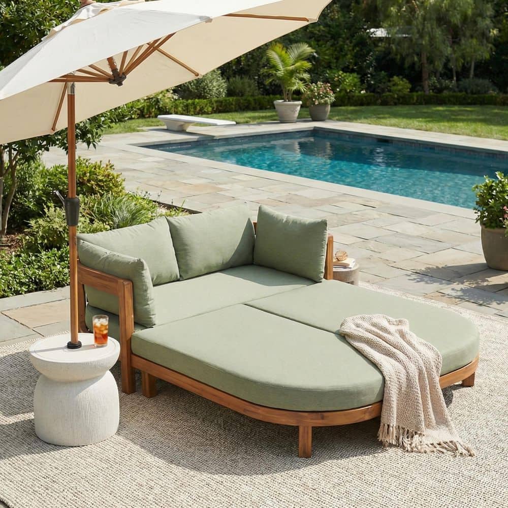Donovan Armrest Solid Wood Patio Outdoor Day Bed with Green Cushions and Pillows, Curved Frame, Teak Finish price history on PriceWatchPro
