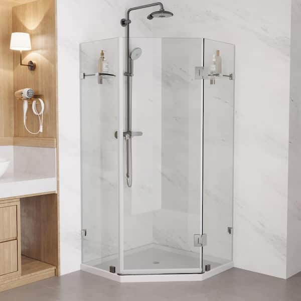 34 in. W x 73 in. H Neo-Angle Pivot Frameless Corner Shower Enclosure in Chrome with 5/16 in. Clear Tempered Glass