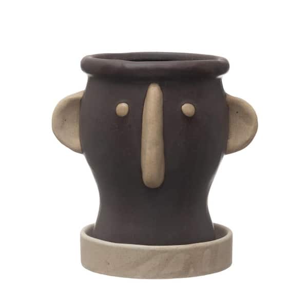 Storied Home Stoneware Face Planter with Saucer, Set of 2, Matte Black and Cream
