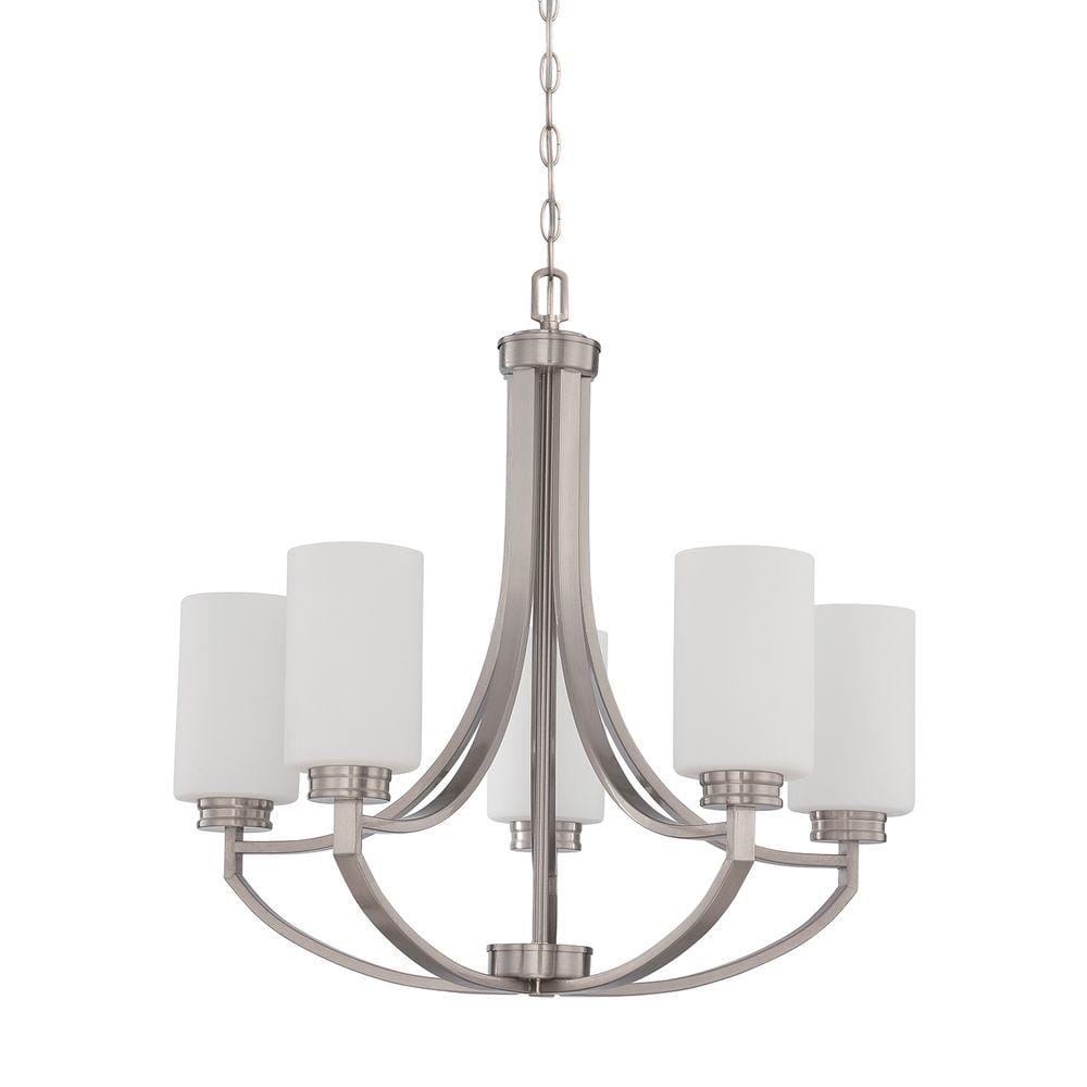 Luminance Sunset Lighting F18005-80 Dalton Five Light Chandelier - Opal Etched Glass  Dimmable - With Bright Satin Nickel Finish