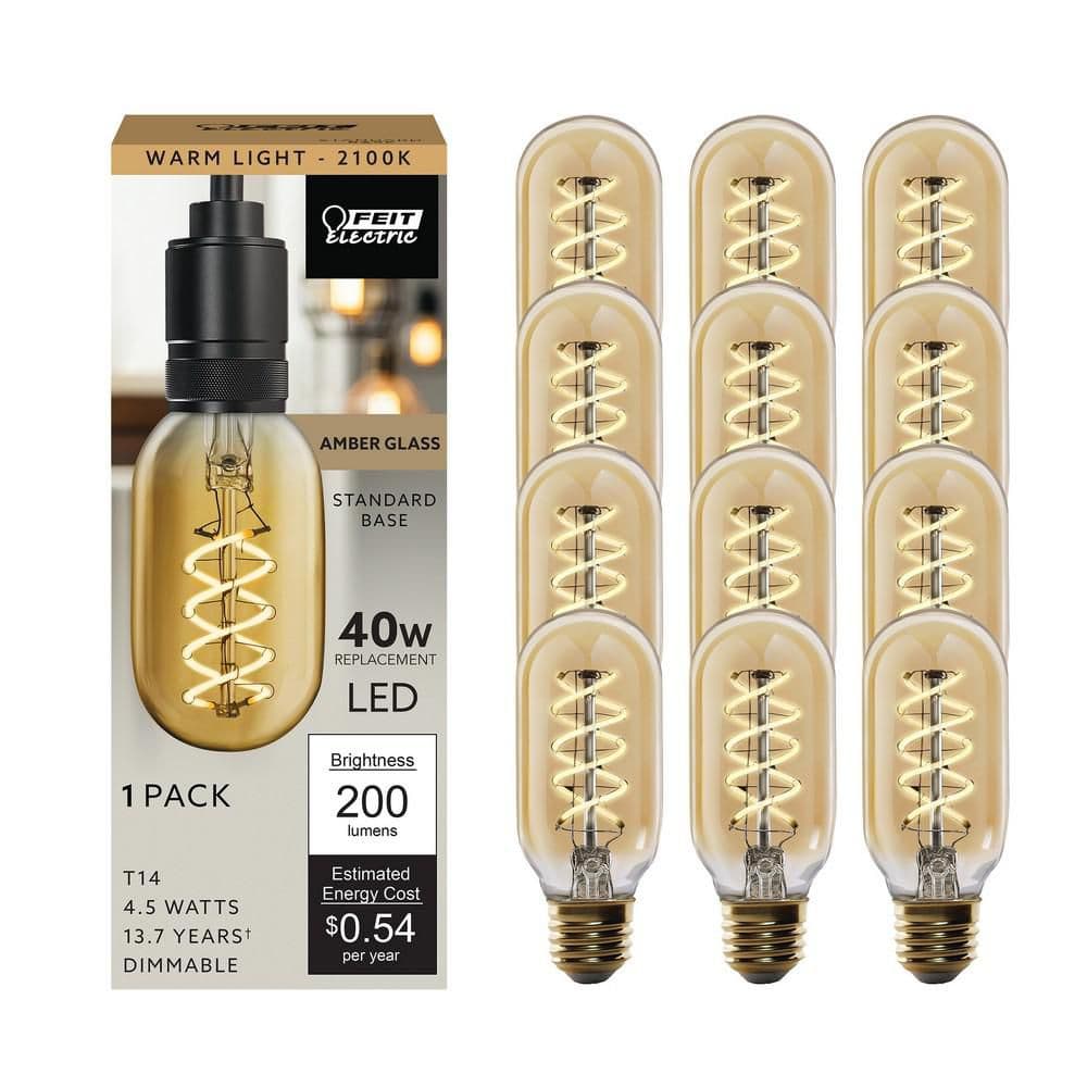 Feit Electric 40-Watt Equivalent T14 Dimmable Spiral Filament Amber Glass E26 Vintage Edison LED Light Bulb, Warm White (12-Pack)