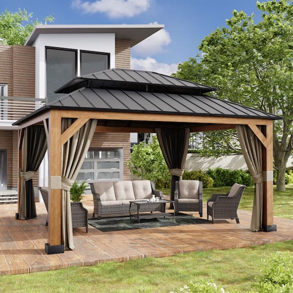 15 ft. x 13 ft. Wood Grain Aluminum Double Galvanized Steel Roof Gazebo with Ceiling Hook, Mosquito Netting and Curtains