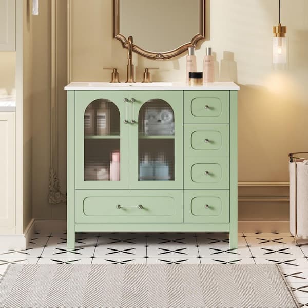 36 in. Freestanding Green Bath Vanity with White Ceramic Top, 4-Drawers and 2-Soft-Closing Doors