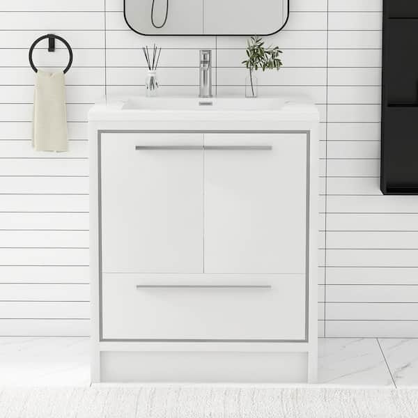 JimsMaison 30 in. W x 20 in. D x 36 in. H Freestanding Bath Vanity in HG-White with White Stone Resin Top
