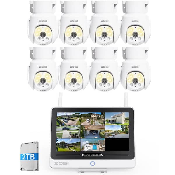 WiFi 6 8-Channel 3K 5MP 2TB NVR Security Camera System with 8X 360 Pan Tilt Wired Outdoor Cameras and 12 in. LCD Monitor
