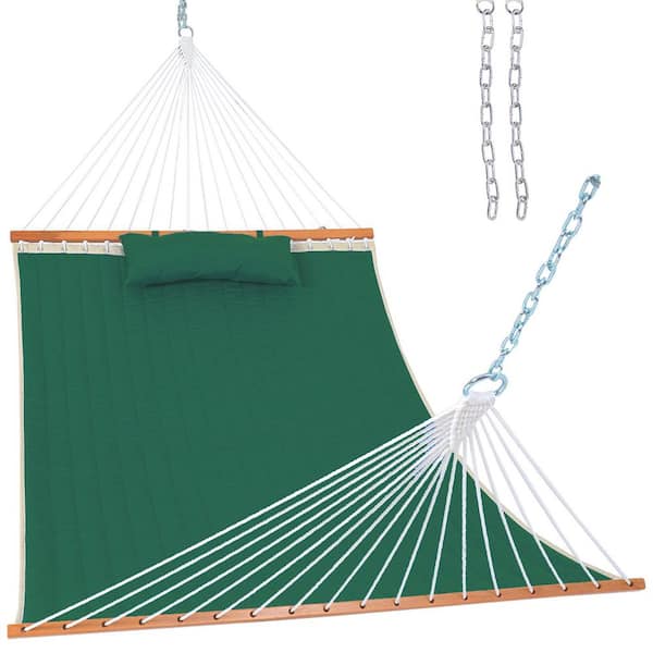 12 ft. Quilted Fabric Hammock with Soft Pillow, Double 2 Person Hammock, Green