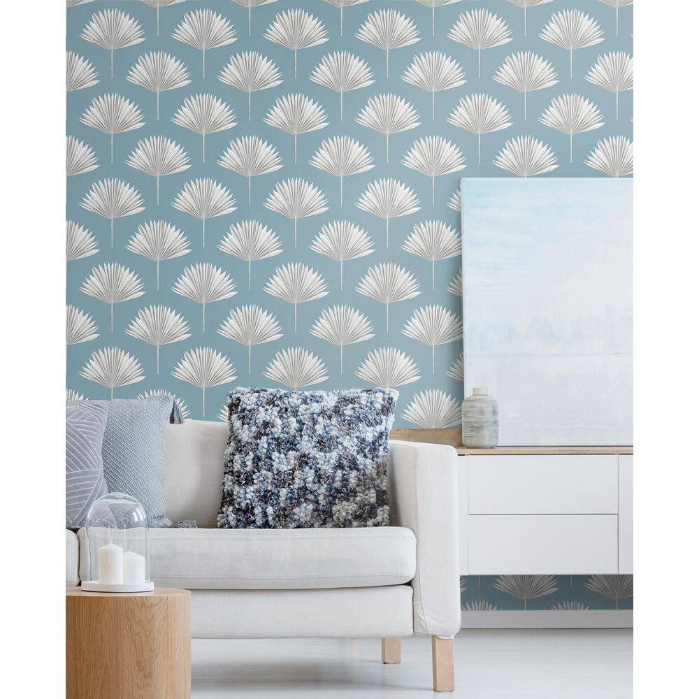 Blue Patina Tropical Fan Palm Vinyl Peel and Stick Wallpaper Roll