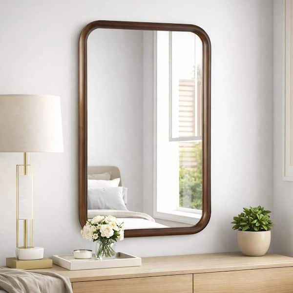 24 in. W x 36 in. H Modern Rectangle Matte Brown Pine Wood Framed Decorative Wall Mirror, Living Room and Entry Way