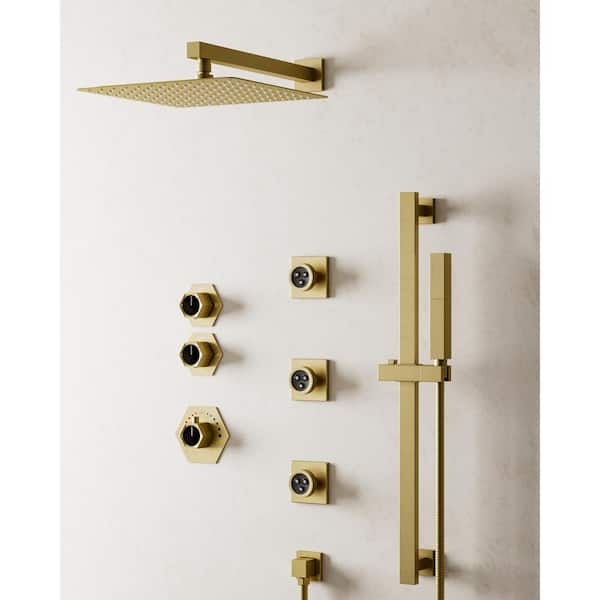 YAWWALK Thermostatic Valve 5-Spray 12 in. Dual Shower Heads Wall Mount Fixed and Handheld Shower Head in Brushed Gold