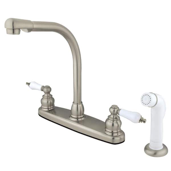 Kingston Brass Victorian 2-Handle Deck Mount Centerset Kitchen Faucets with Side Sprayer in Brushed Nickel