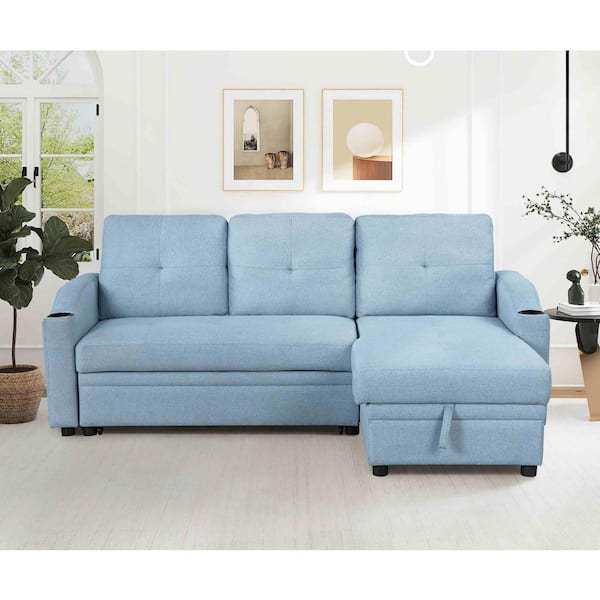 Polibi 80.3 in. Square Arm Linen Rectangle Sofa with Storage Chaise and Cup Holder in Blue