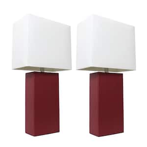 21 in. Modern Red Leather Table Lamps with White Fabric Shades (2-Pack)