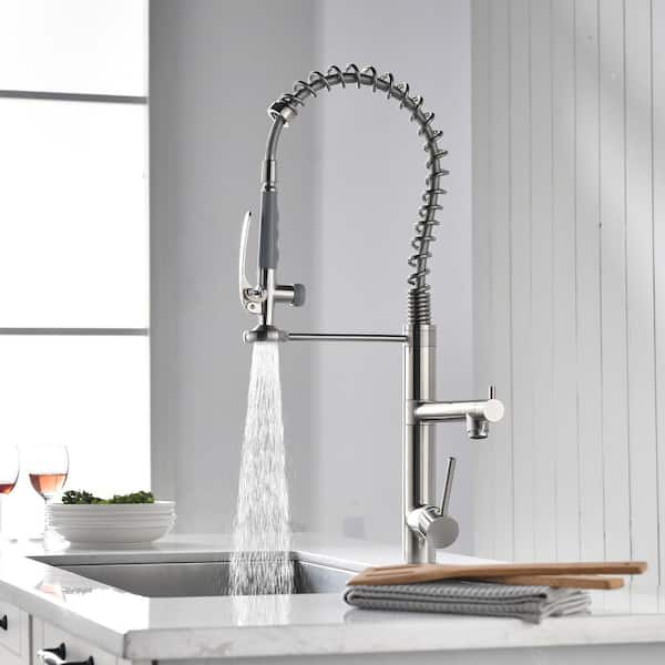 Contemporary Single-Handle Gooseneck Pull-Down Sprayer Kitchen Faucet in Brushed Nickel