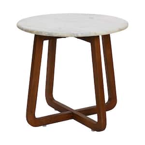 20 in. Mid Brown Stained Round Marble Top End Table with Sold Wood Legs