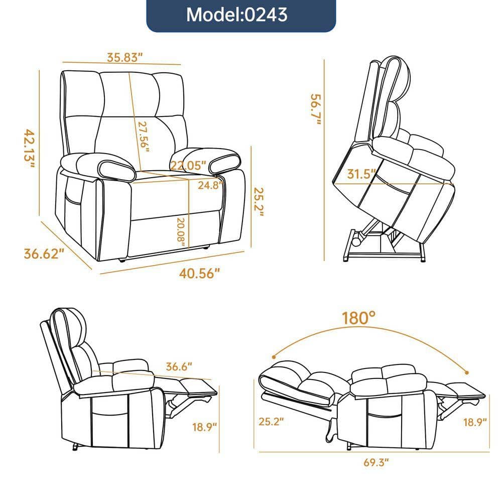 Dimension diagram of a brown power lift recliner in upright and fully reclined positions.