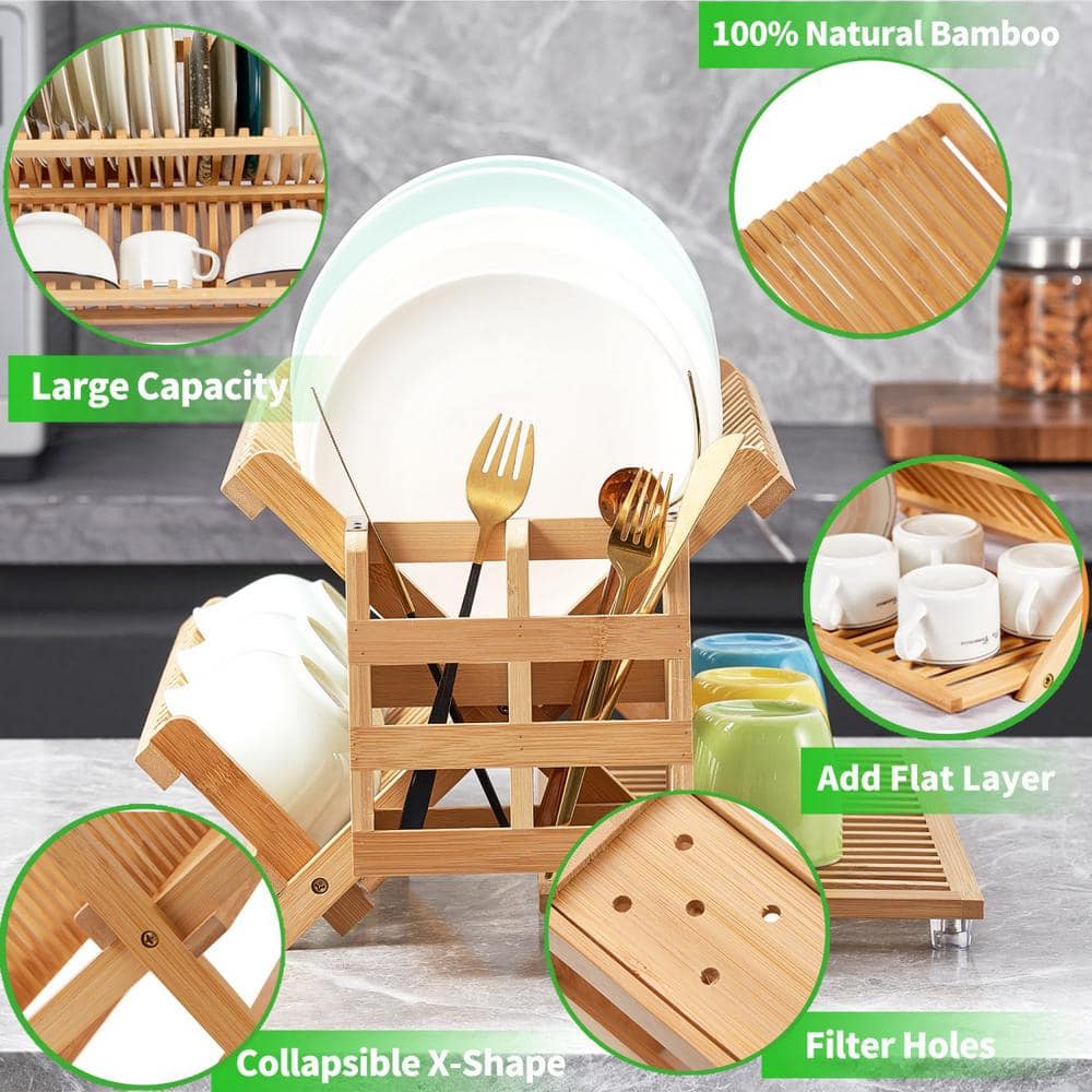 Foldable Bamboo 3-Tier Dish Rack with Utensil Holder