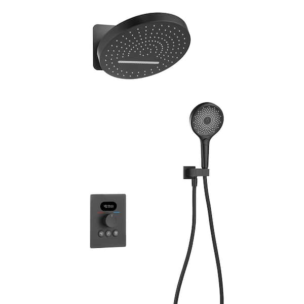 3-Spray Dual Wall Mount Fixed and Handheld Shower Head 4.76 GPM in Matte Black LED Digital Display Thermostatic Value