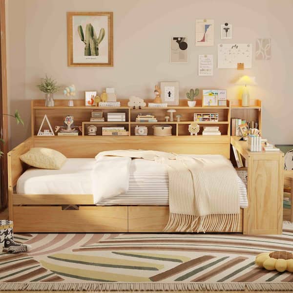 Natural Twin Daybed with Storage Shelves, 2 Storage Drawers and Study Desk