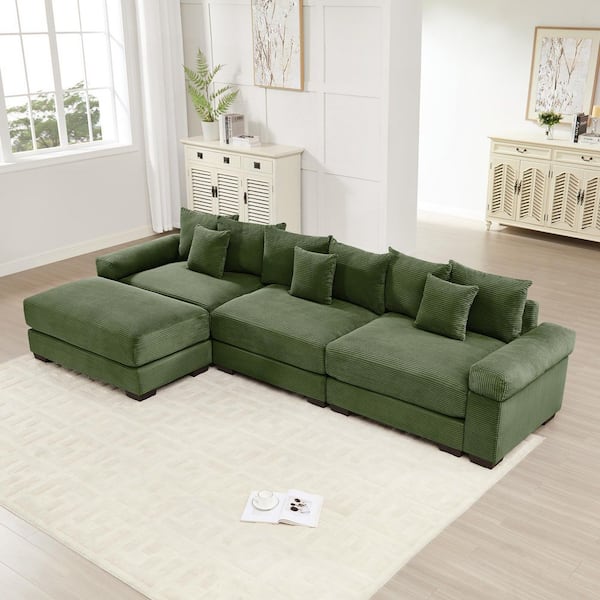 GTMAJT 130 in. Straight Arm 24-Piece Corduroy Modular Sectional Sofa with Ottoman & Ergonomic Design in. Olive Green