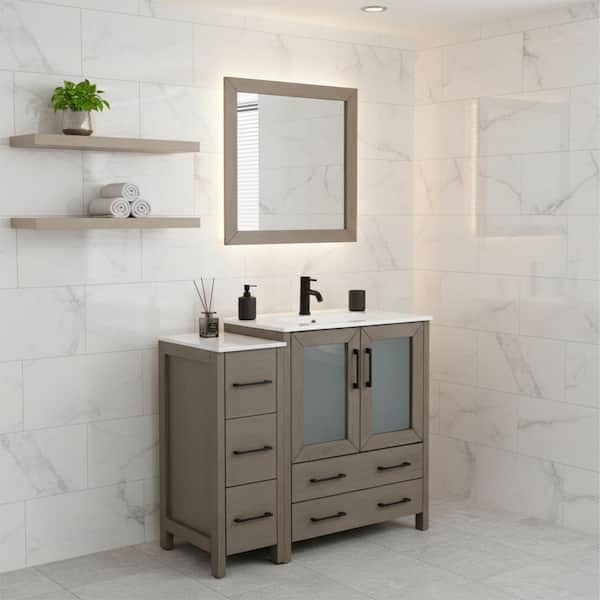 42 in. W x 18 in. D x 36 in. H Driftwood Gray Bath Vanity with White Ceramic Top and Mirror