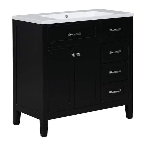 Zeus & Ruta 35.98 in. W x 18.03 in. D x 35.98 in. H Freestanding Bath Vanity in Black with White Ceramic Top