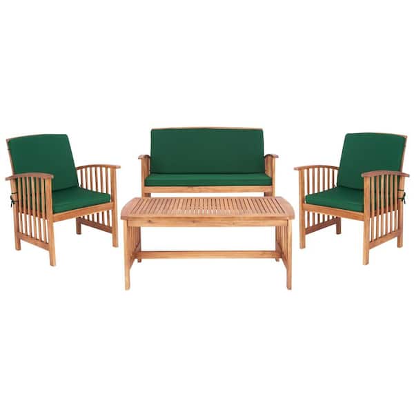SAFAVIEH Rocklin Natural 4-Piece Wood Patio Conversation Set with Green Cushions