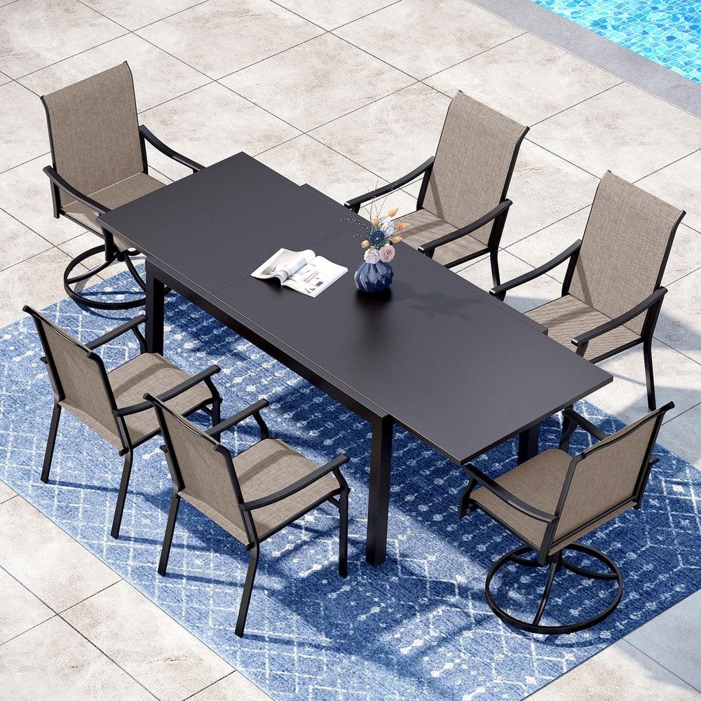 Black 7-Piece Metal Outdoor Patio Dining Set with Slat Extendable Table and Textilene Swivel Chairs price history on PriceWatchPro