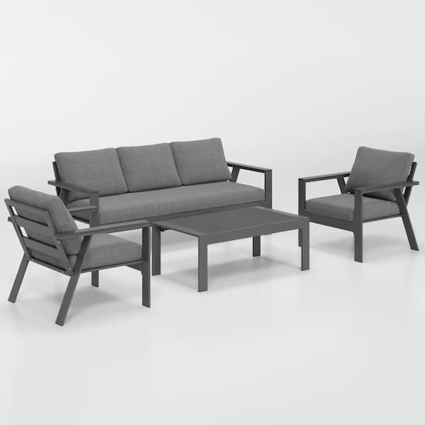 SUNVIVI 4-Piece Aluminum Patio Conversation Set, Gray Frame Gray Cushion