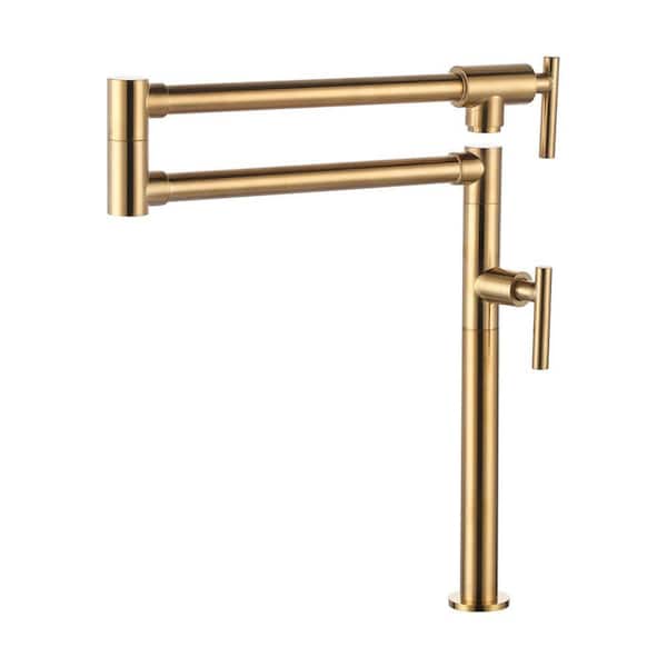 Double Handle Deck Mounted Pot Filler With 360° Spout Swivel in Brushed Gold