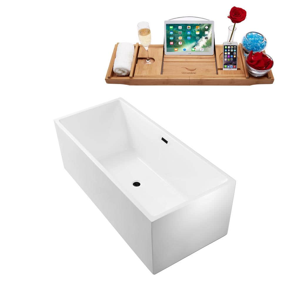 58" Glossy White Freestanding Acrylic Soaking Bathtub with Matte Black Drain