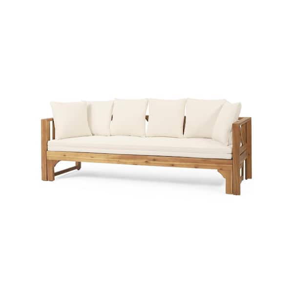 Noble House Reyes Teak Wood Outdoor Day Bed with Beige Cushions