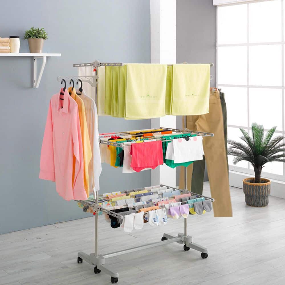 Stainless Steel 3-Tier Foldable Clothes Drying Rack with Adjustable Trays