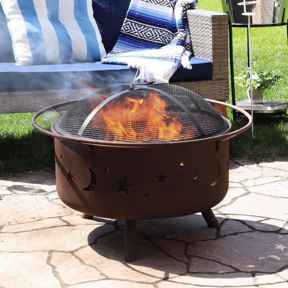 Bronze 30" Round Wood-Burning Steel Fire Pit with Cooking Grate