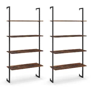 30 in. W x 12 in. D Brown Wood 4-Tier Ladder Shelf Bookshelf Industrial Decorative Wall Shelf 2-Piece