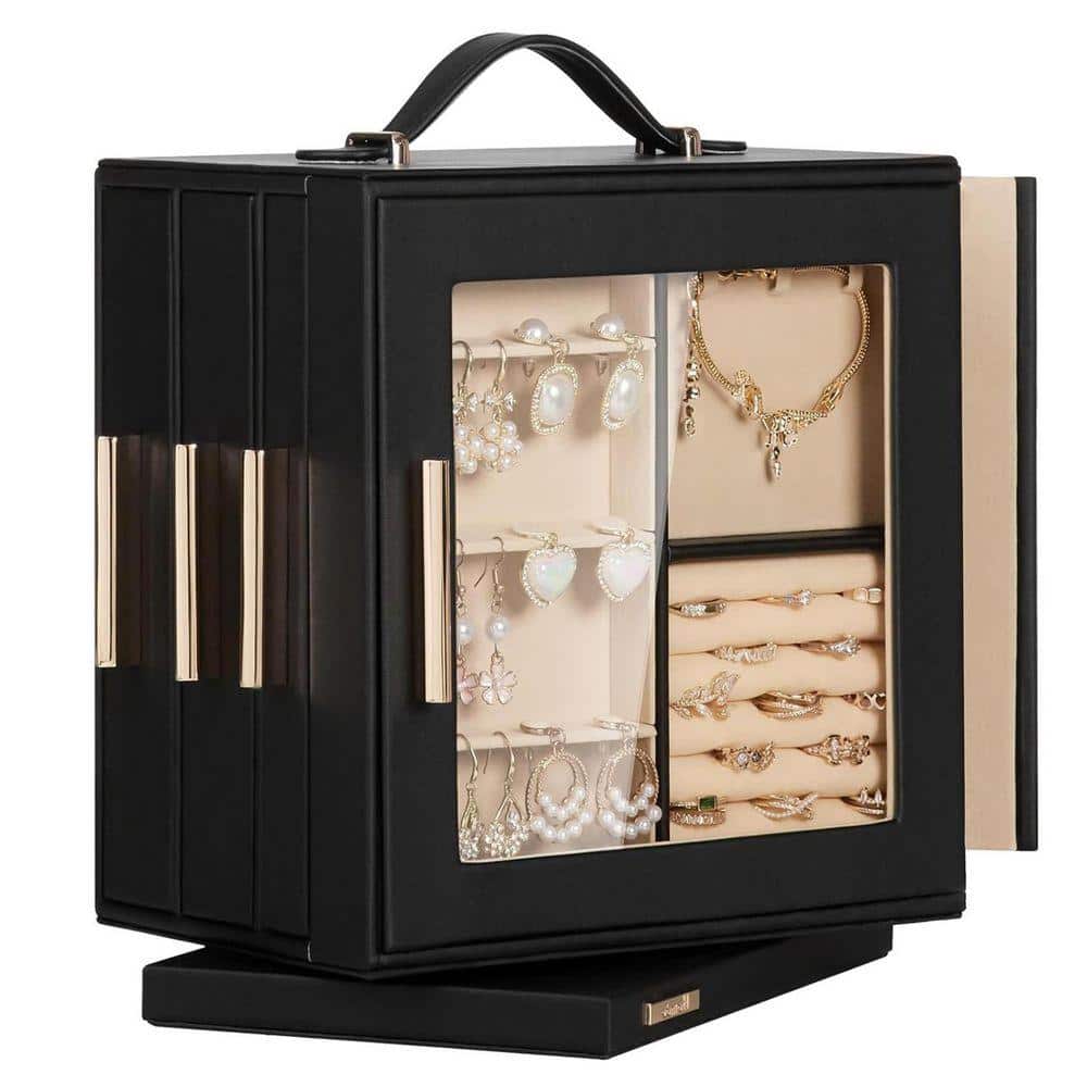 Black 8.6 in. x 9.2 in. Polyurethane Modern Jewelry Box with 7