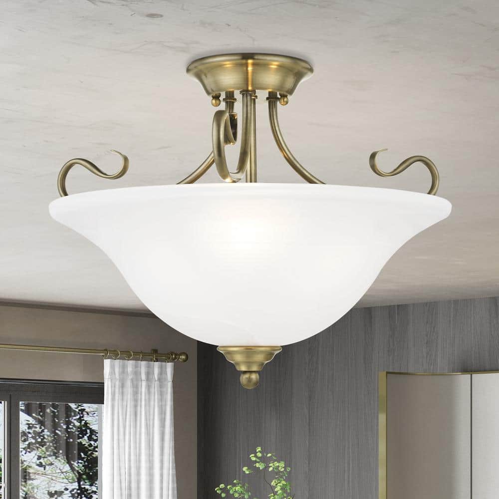 Antique Brass 3-Light Semi-Flush Mount with White Alabaster Glass