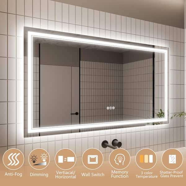 30 in. W x 55 in. H Rectangular Frameless Anti-Fog Wall Dimmable Backlit Dual LED Bathroom Vanity Mirror in Silver