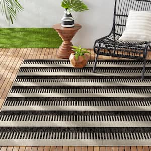 Patio Country Charlotte Black/Grey 8 ft. x 10 ft. Modern Striped Indoor/Outdoor Area Rug