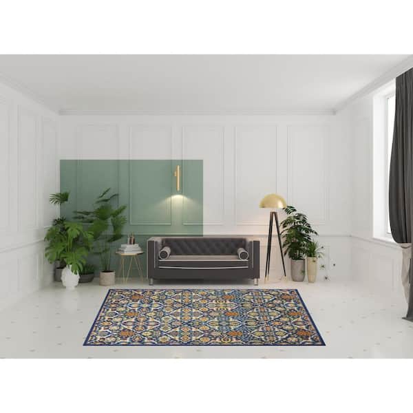 7' X 10' Blue Floral Power Loom Area Rug