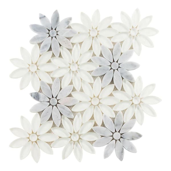 Fresh Nuptuals Gray/White 9.5 in. x 11.5 in. Floral Pattern Smooth Matte Stone/Glass Mosaic Tile (3.8 sq. ft./Case)