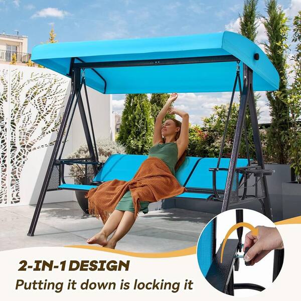 3-Person Metal Lake Blue Patio Swing Adjustable Canopy and Square