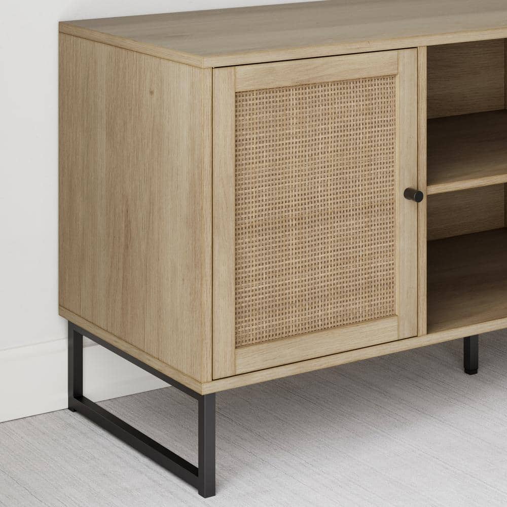 Mina Light Oak and Rattan TV Stand Set with Matte Black Accents