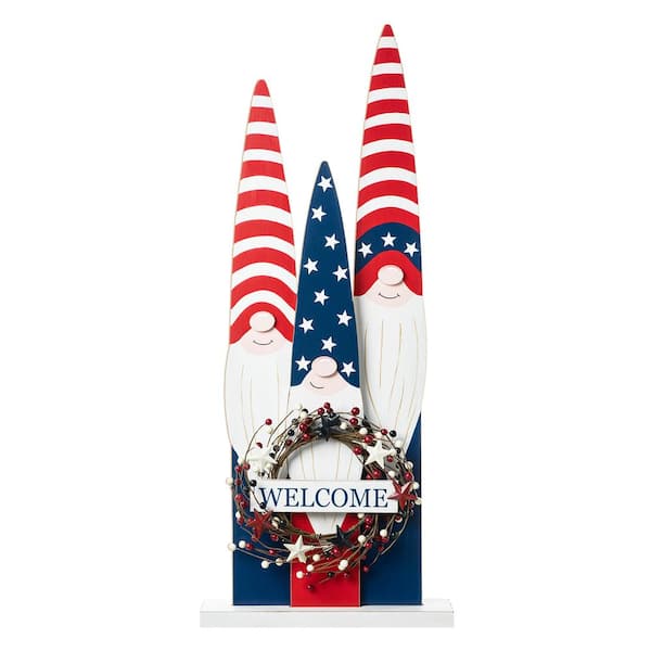Glitzhome 36 in. H Wooden Patriotic/Americana Gnome Family with Wreath Porch Decor