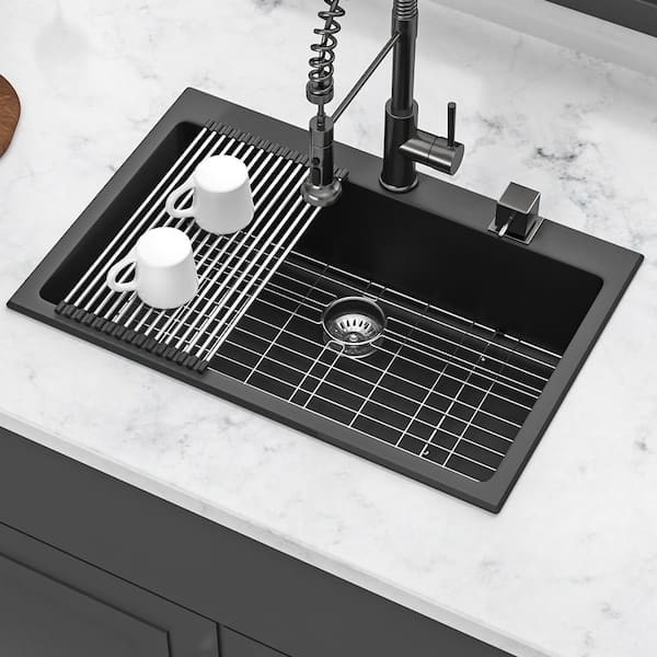 33 in. Drop-In Single Bowl Black Quartz Kitchen Sink with Bottom Grids