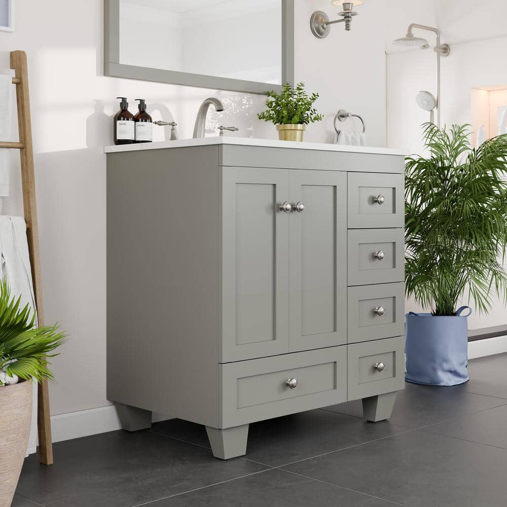 Gray 30" Freestanding Bathroom Vanity with White Quartz Top
